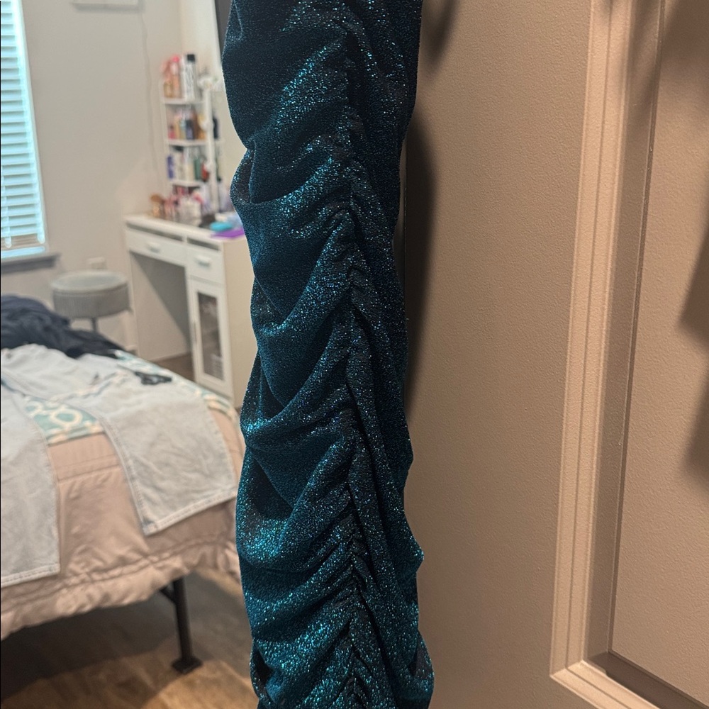 Lulu's Sparkling Teal Ruched Mini Dress - Picture 5 of 6